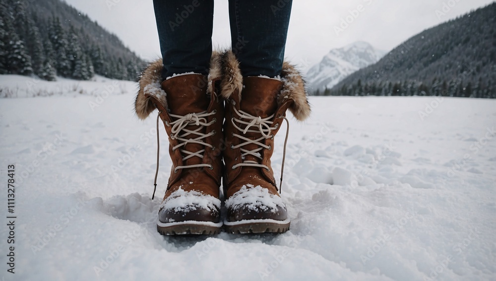 Stylish Leather Boots with Fur Lining on Snow-Covered Ground Stylish Leather Boots with Fur Lining on Snow-Covered Ground