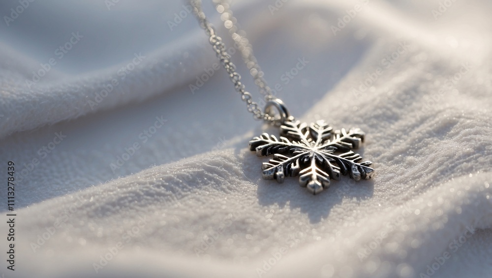 Fototapeta premium Delicate Silver Snowflake Necklace on White Scarf with Winter Backdrop