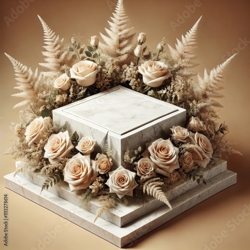  Luxurious Floral Arrangement with Beige Roses and Marble Pyramid Pedestal