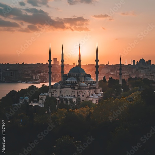 Beautiful mosque reflecting in sunset water. Suitable for travel brochures, cultural websites, Ramadan or Eid themed designs photo