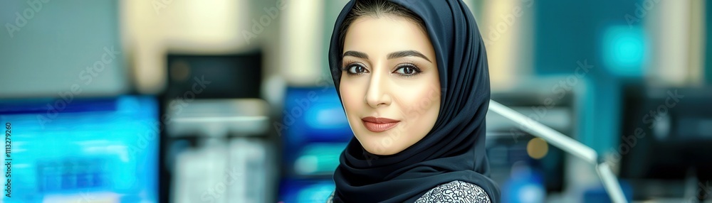 Confident Woman in Hijab at Modern Office with Technology Background Confident Woman in Hijab at Modern Office with Technology Background