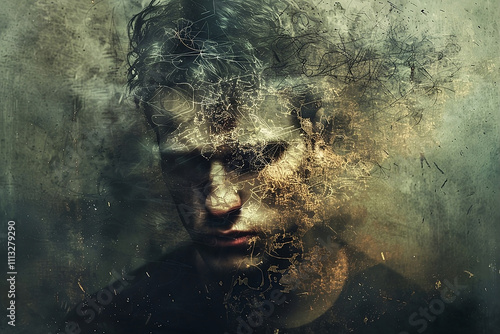 Schizophrenic man. Portrait of a young man with schizophrenia and mental disorders. Concept of schizophrenia with copy space.	