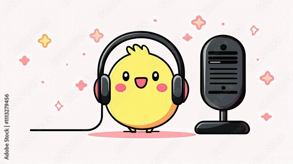 Fototapeta premium Cute Yellow Chick with Headphones Near Microphone Illustration