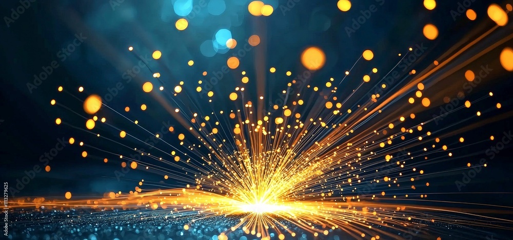 Fototapeta premium fiber optic concept. Vibrant explosion of golden particles against a dark blue background.