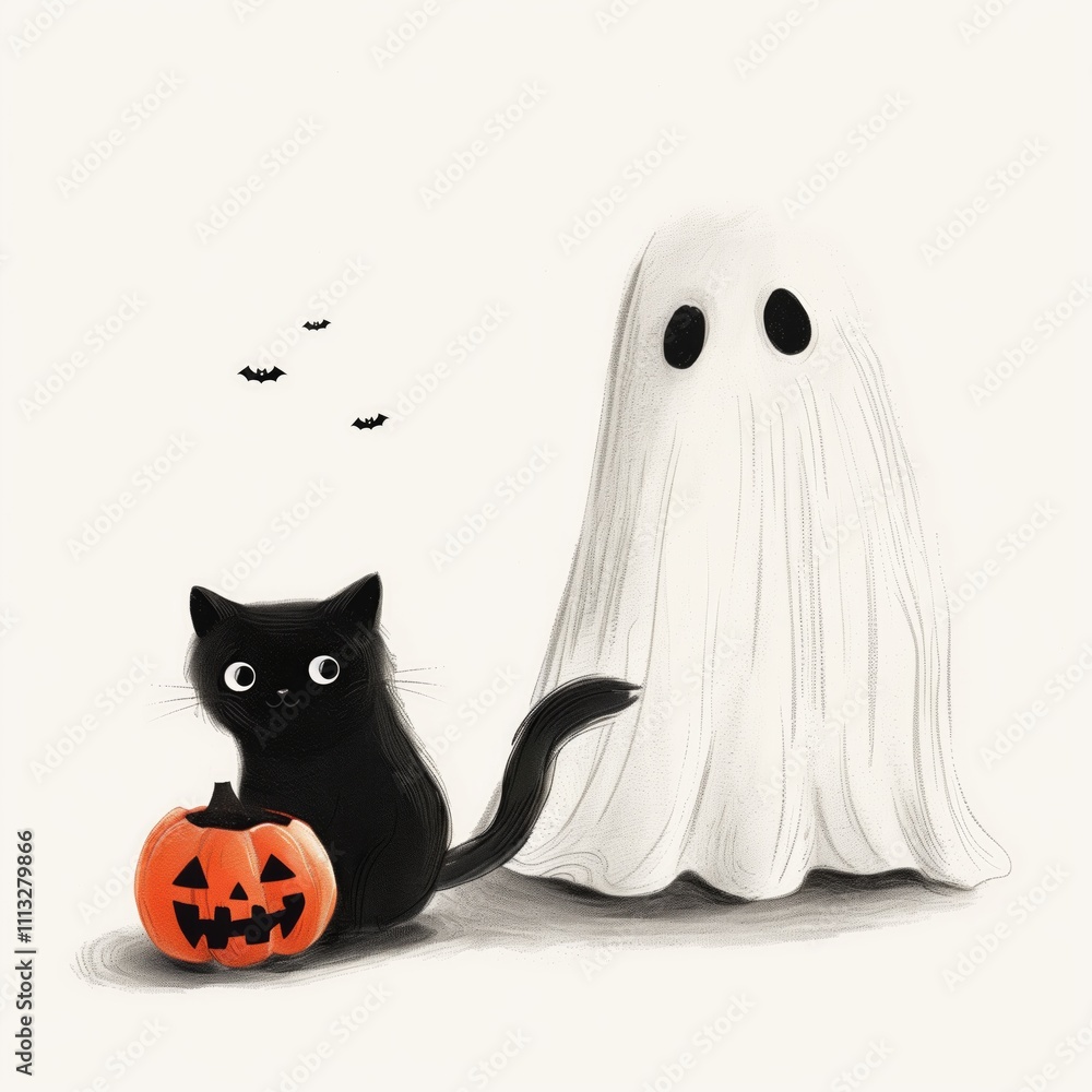Obraz premium A playful Halloween scene featuring a black cat with a pumpkin and a ghost.
