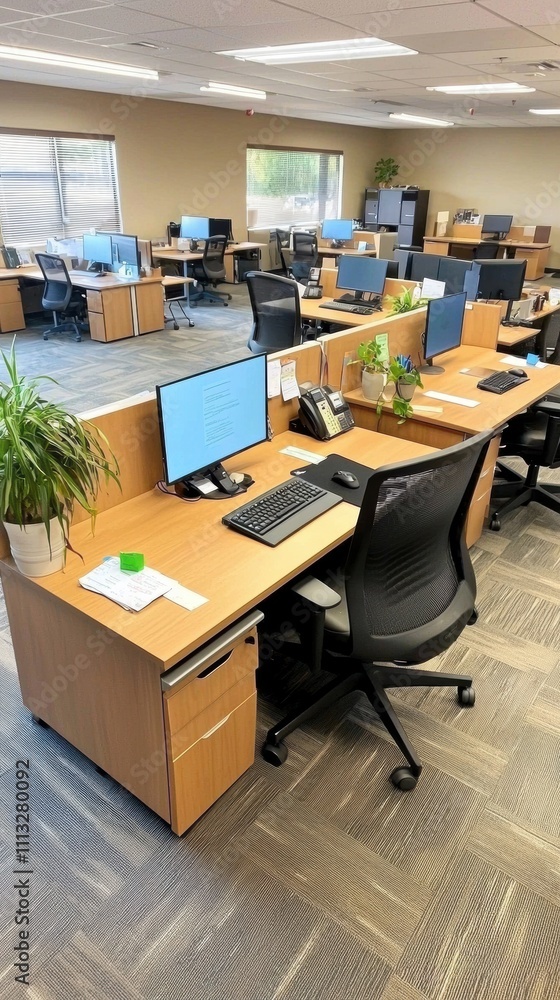 Modern Office Workspace with Cubicles and Computers. Modern Office Workspace with Cubicles and Computers.