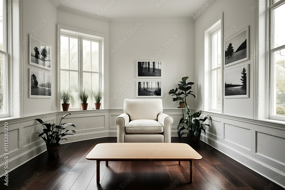 Bright sunlit room with white armchair, coffee table, and framed landscape photos. Bright sunlit room with white armchair, coffee table, and framed landscape photos.