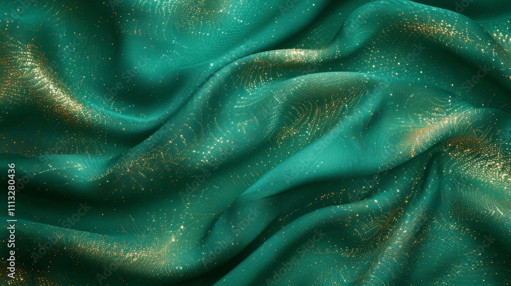 Emerald Green Background with Golden Glitter and Dark Turquoise Fabric Waves Emerald Green Background with Golden Glitter and Dark Turquoise Fabric Waves