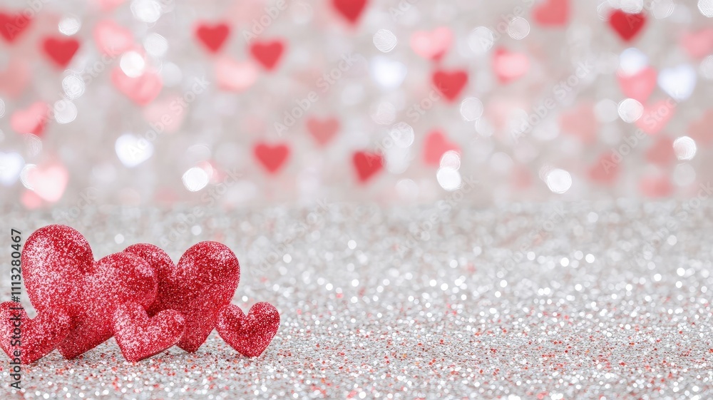 A sparkling background with red glitter hearts, perfect for romantic themes. A sparkling background with red glitter hearts, perfect for romantic themes.