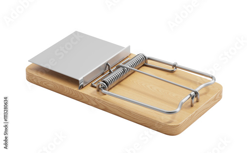 Wooden mousetrap with metallic spring and trigger mechanism, isolated on white background, featuring a closeup design. Concept of pest control. 3D Rendering.