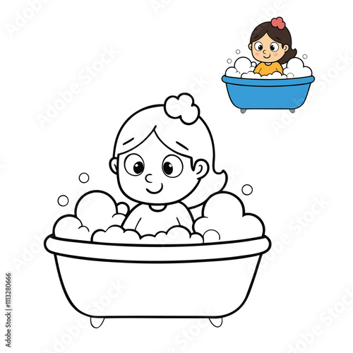 A cute coloring page featuring a cheerful girl taking a bubble bath with a rubber duck, surrounded by soap bubbles and a playful bathroom scene. Perfect for kids' creativity!