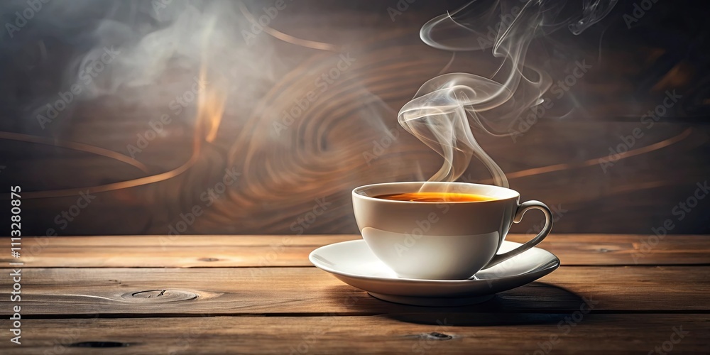 Aromatic Steam Rising from a Warm Cup of Tea on Rustic Wooden Table Aromatic Steam Rising from a Warm Cup of Tea on Rustic Wooden Table