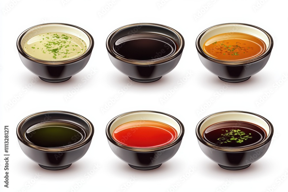 Set of bowl of dipping sauce isolated in white background Set of bowl of dipping sauce isolated in white background