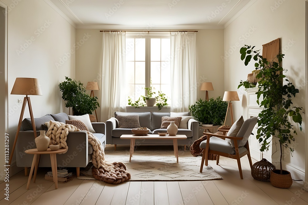 Fototapeta premium Bright living room with grey sofa, wooden furniture, plants, and natural light.