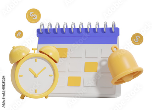 Yellow alarm clock, calendar, coins, and bell in 3D rendering, isolated on a white background. Concept of time management and financial planning