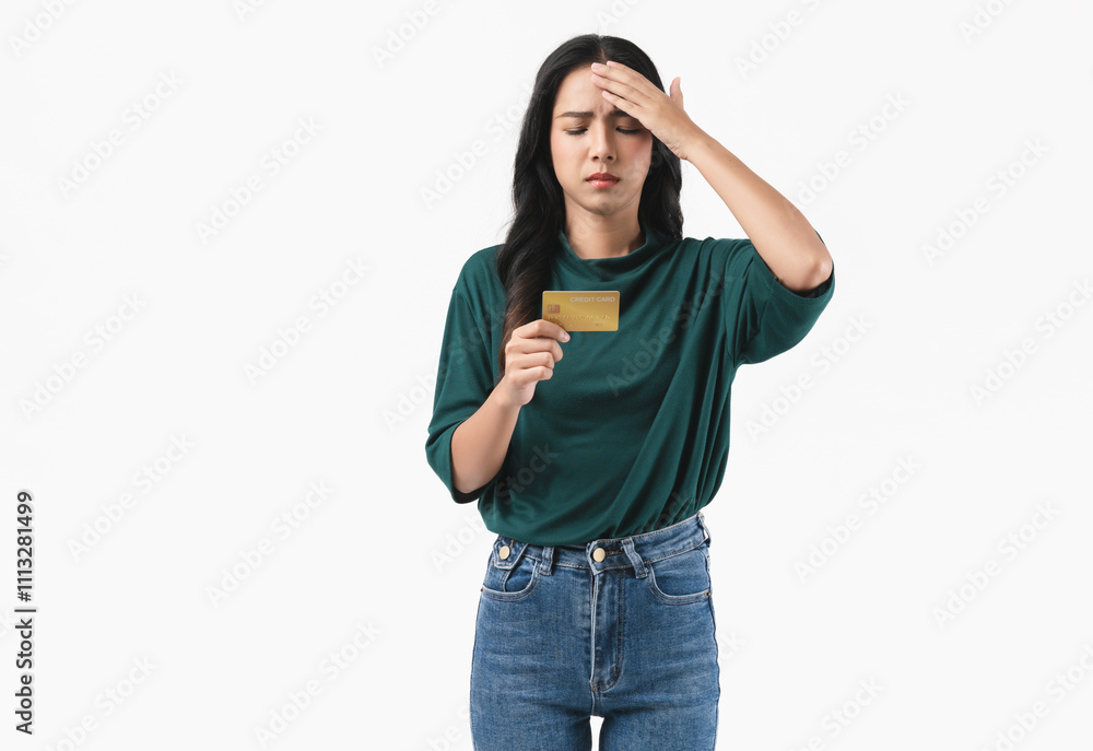 Asian woman holding credit card and have a headache due to excessive expenses on white background. Asian woman holding credit card and have a headache due to excessive expenses on white background.