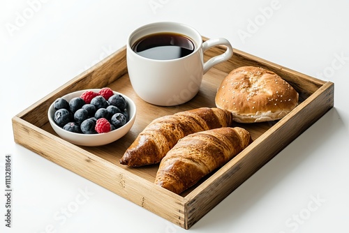 Wallpaper Mural Rectangular wooden tray holding breakfast items on a white background Torontodigital.ca