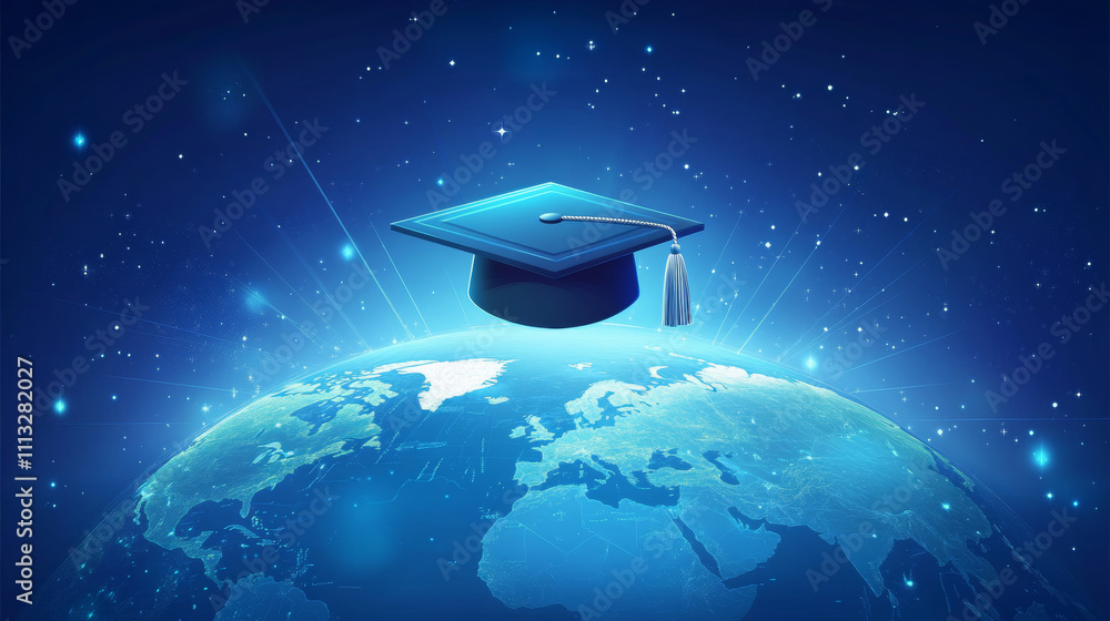 E-learning distance graduate certificate program concept. Low poly 3D render graduation cap on planet Earth World map banner template. Internet education course degree vector illustration E-learning distance graduate certificate program concept. Low poly 3D render graduation cap on planet Earth World map banner template. Internet education course degree vector illustration