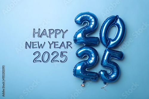 Happy New Year Festive Celebration of 2025 blue foil balloon 3d text effect