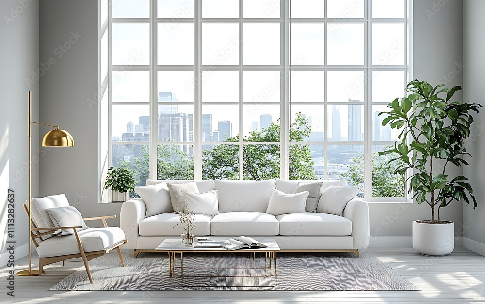 Modern living room with white sofa, large window, city view, and plants. Modern living room with white sofa, large window, city view, and plants.