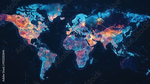 Colorful visualization of global population density and urbanization trends across continents