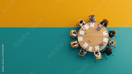 Aerial view of modern meeting room with round table and chairs