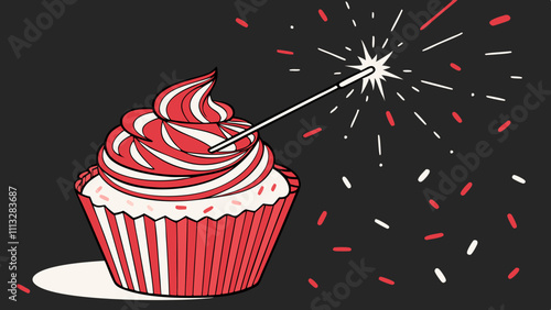 Red cupcake with red and white sprinkles and lit sparkler on a black background.
