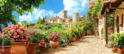 Fototapeta Naklejka Na Ścianę i Meble -  Medieval Castle Surrounded by a Vibrant Garden Path and Waterfall