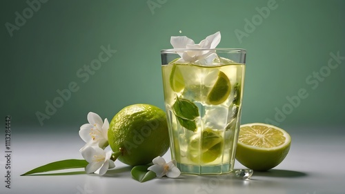 Refreshing Lemon Herb Infused Water With Floral Accents in Glass photo