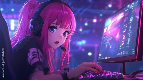 A young gamer with pink hair focused on a computer screen in a vibrant gaming environment.