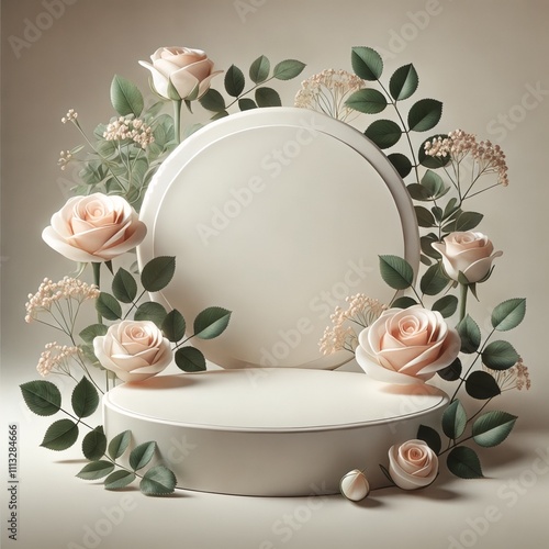  Minimalist 3D Mockup with Circular Pedestal and Roses