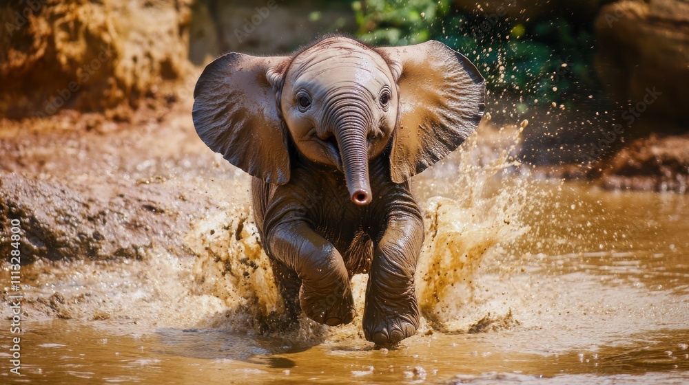 Fototapeta premium Baby Elephant Splashing in Mud
