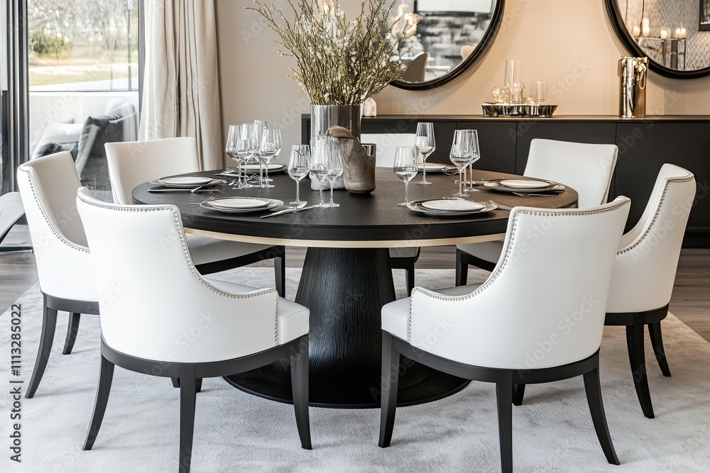Round black dining table with white chairs in a monochrome dining room setup Round black dining table with white chairs in a monochrome dining room setup