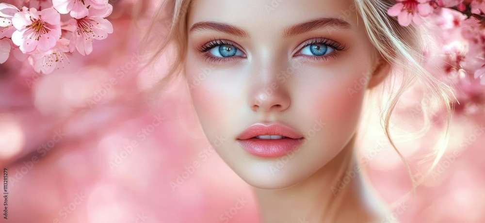 Fototapeta premium Portrait of a young woman with fair skin blue eyes and blonde hair in a dreamy pink flower background