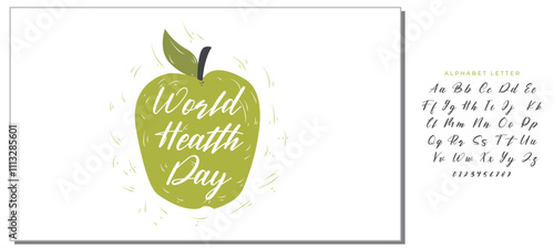 World Health Day lettering handwritten with calligraphic font on green hand drawn apple isolated on white background. Fresh fruit with elegant inscription. Bright colored vector illustration.