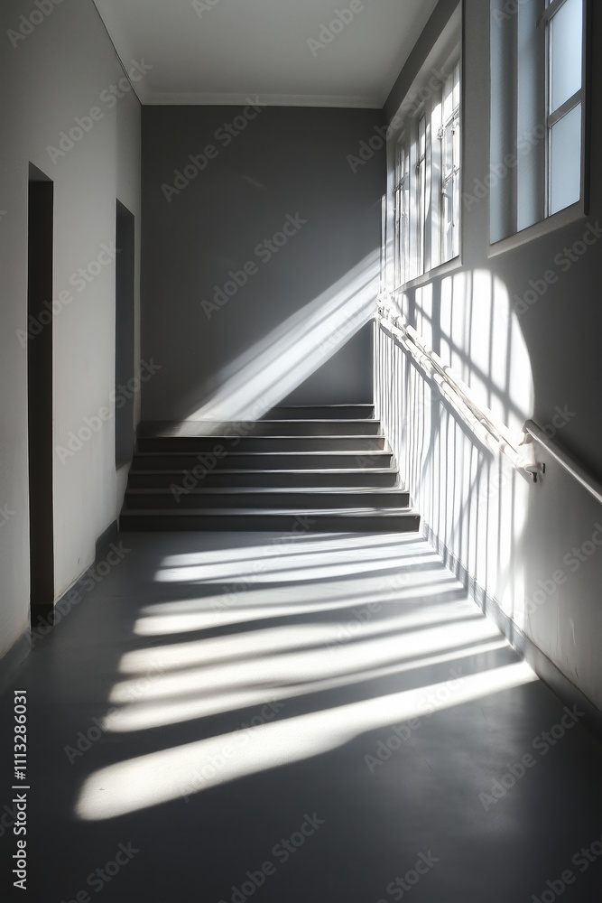 A stairwell illuminated by sunlight, creating striking shadows on the floor. A stairwell illuminated by sunlight, creating striking shadows on the floor.