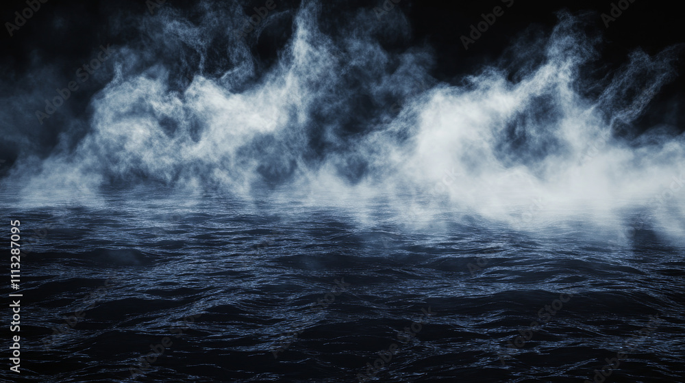Smoke clouds above black water surface. Vector realistic illustration of white fog, steam, mist over spooky sea waves, dark river splashing in scary smog, mysterious Halloween atmosphere, horror night Smoke clouds above black water surface. Vector realistic illustration of white fog, steam, mist over spooky sea waves, dark river splashing in scary smog, mysterious Halloween atmosphere, horror night