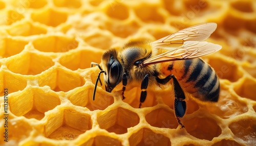 Honeycomb with honey and bee in macro photography