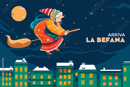 Witch like old woman who delivers gifts to children throughout Italy on Epiphany Eve suitable for Background