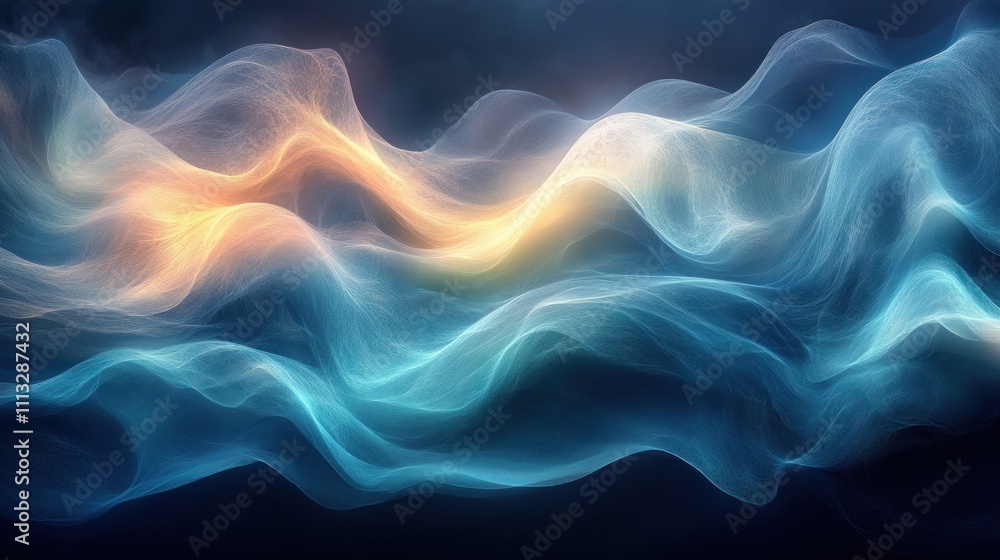 Fototapeta premium Abstract Digital Artwork Flowing Waves of Light in Blue and Green Soft Curves Gradients Calming Atmosphere