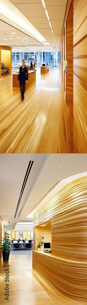 Fototapeta premium Modern Office Interior with Wood Paneling and Hardwood Floors.