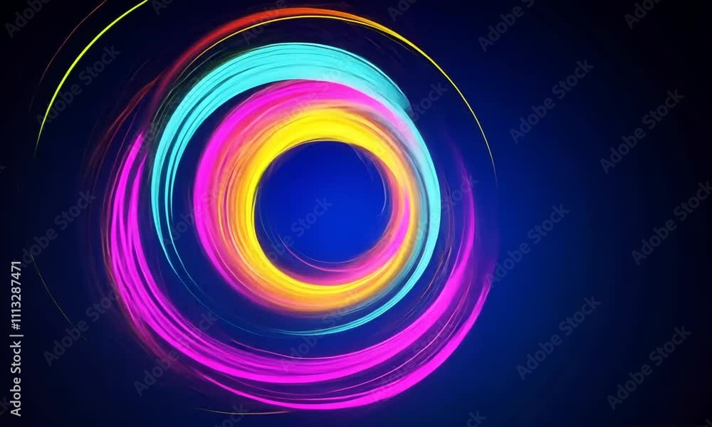A vibrant swirl of colorful light trails creating a dynamic, abstract design on a dark background.