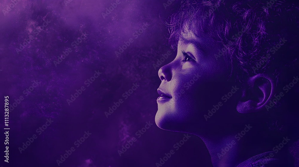 Young Boy Gazing Upwards at Purple Cosmic Dust Young Boy Gazing Upwards at Purple Cosmic Dust