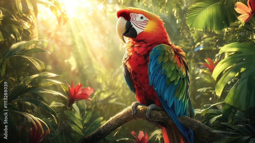 Fototapeta premium A colorful parrot perched on a branch, its feathers shining in vibrant shades of green, blue, and yellow. The bird chirps happily, surrounded by tropical plants