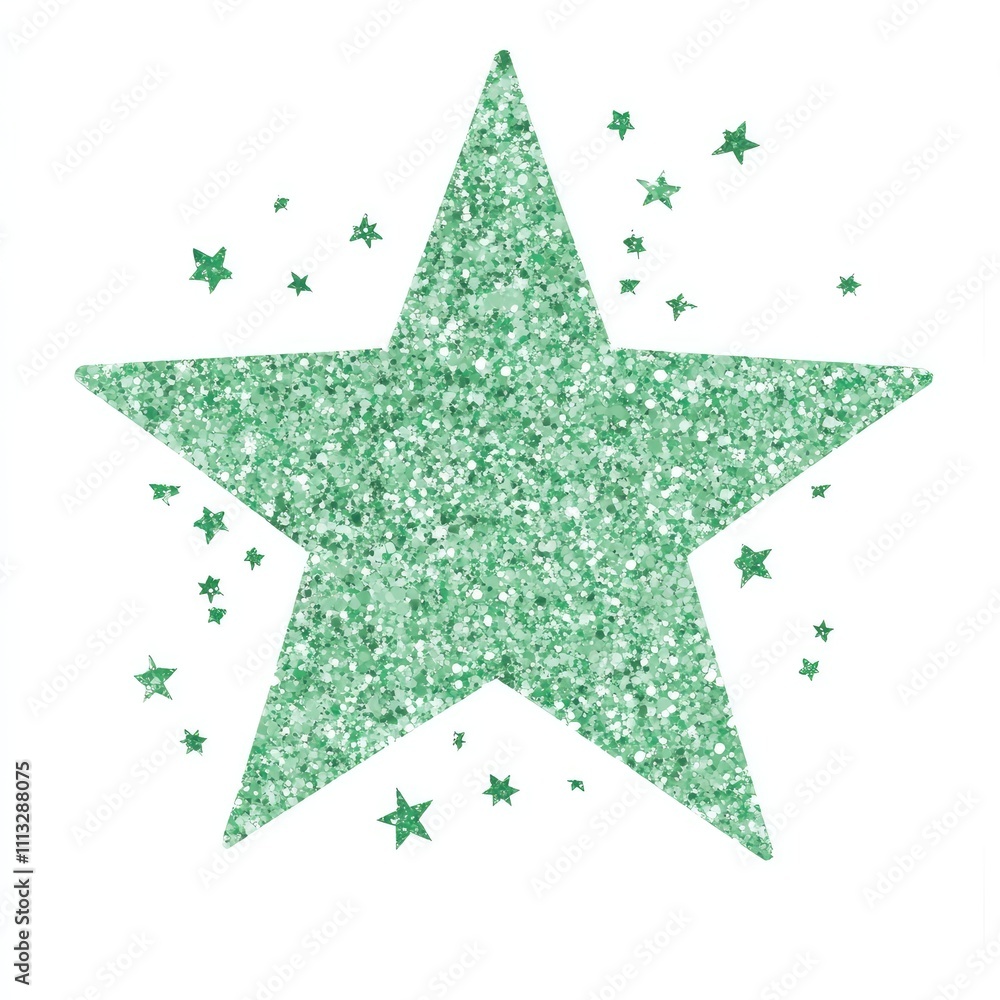 Obraz premium A green glitter star surrounded by smaller stars, conveying a festive and playful theme.