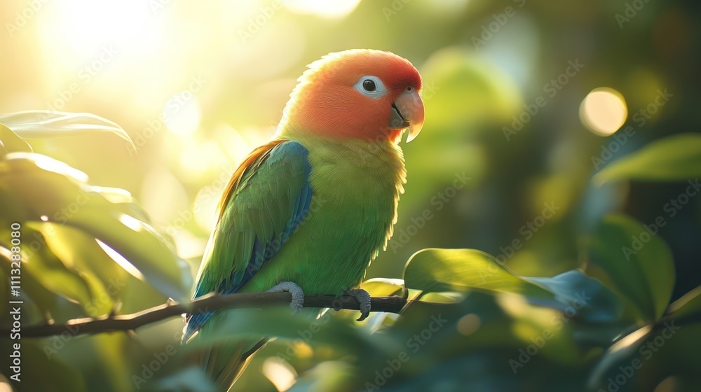A colorful parrot perched on a branch, its feathers shining in vibrant shades of green, blue, and yellow. The bird chirps happily, surrounded by tropical plants A colorful parrot perched on a branch, its feathers shining in vibrant shades of green, blue, and yellow. The bird chirps happily, surrounded by tropical plants