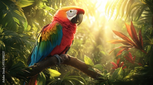 Wallpaper Mural A colorful parrot perched on a branch, its feathers shining in vibrant shades of green, blue, and yellow. The bird chirps happily, surrounded by tropical plants Torontodigital.ca