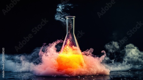 Colorful chemical reaction creating vibrant smoke in laboratory flask during scientific experiment photo