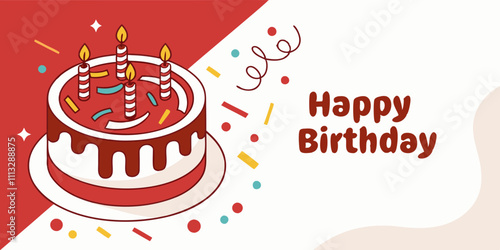 Birthday cake on white a and red background, top view
