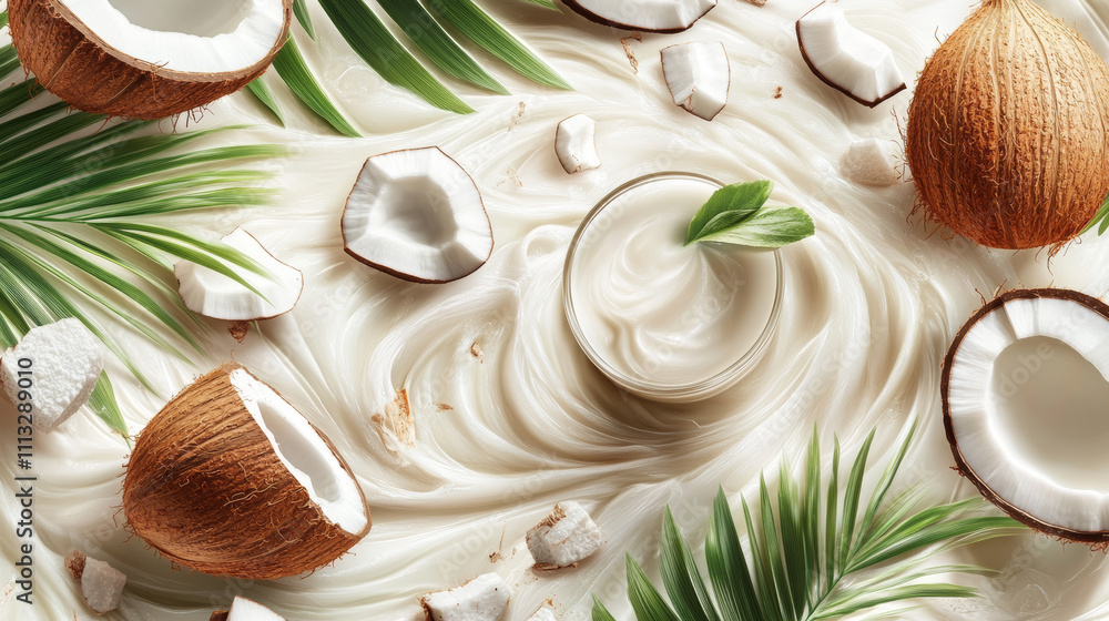 Coconut milk splash swirl realistic vector background. White liquid organic milk on background of tropical cracked and whole coconut with creamy texture and green palm leaves, vegan drink design pack Coconut milk splash swirl realistic vector background. White liquid organic milk on background of tropical cracked and whole coconut with creamy texture and green palm leaves, vegan drink design pack